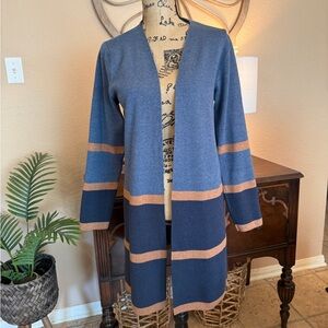 Nine West Striped Blue and Tan Women's Long Open Cardigan